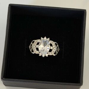 Silver-Tone Stainless Steel Oval Cubic Zirconia Statement Ring